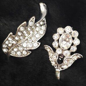 VTG 2PC Brooch Fall Leaf Sunflower Fairycore Boho Silver Tone Sparkle Rhinestone